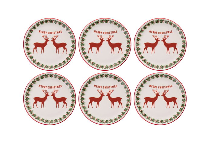 Hermia Ylbtat4 Juego de Platos de Postre Navideños de Porcelana (6 piezas) para Celebraciones Festivas, Aptos para Lavavajillas y Microondas, 19.3 x 19.3 x 2 cm
